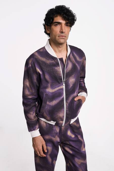 Buy Terra Luna Blue Handloom Cotton Milky Way Berghain Pattern Bomber Jacket Online at Aza Fashions Buy_Terra Luna_Blue Handloom Cotton Milky Way Berghain Pattern Bomber Jacket _Online_at_Aza_Fashions