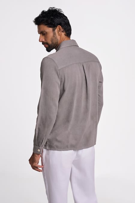 Shop Terra Luna Grey Handloom Cotton Twill Solid Alto Button Down Shirt at Aza Fashions Shop_Terra Luna_Grey Handloom Cotton Twill Solid Alto Button Down Shirt _at_Aza_Fashions