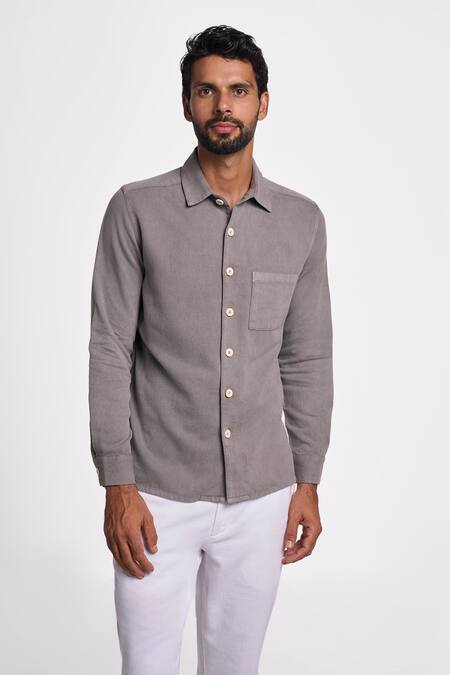 Terra Luna Grey Handloom Cotton Twill Solid Alto Button Down Shirt Online at Aza Fashions Terra Luna_Grey Handloom Cotton Twill Solid Alto Button Down Shirt _Online_at_Aza_Fashions