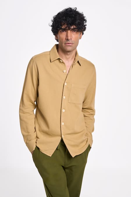 Terra Luna Brown Handloom Cotton Twill Solid Alto Chest Pocket Detail Shirt 