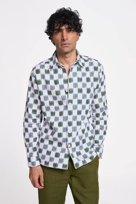 Terra Luna Green Handloom Cotton Ikat Checkered Alto Pattern Shirt 