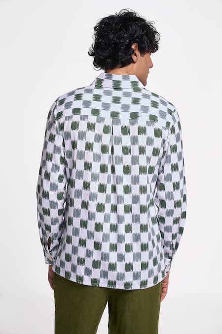 Shop Terra Luna Green Handloom Cotton Ikat Checkered Alto Pattern Shirt at Aza Fashions Shop_Terra Luna_Green Handloom Cotton Ikat Checkered Alto Pattern Shirt _at_Aza_Fashions