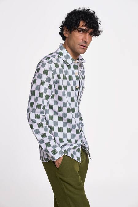 Terra Luna Green Handloom Cotton Ikat Checkered Alto Pattern Shirt Online at Aza Fashions Terra Luna_Green Handloom Cotton Ikat Checkered Alto Pattern Shirt _Online_at_Aza_Fashions
