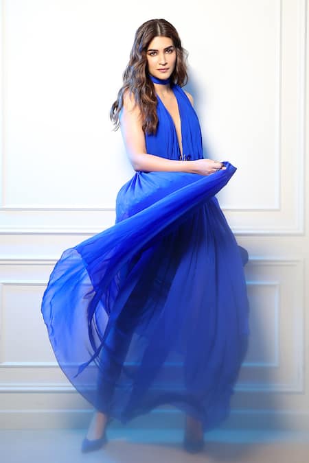 Buy_Deme By Gabriella_Blue Chiffon Brooches Halter Neck Marya Pleated Gown With _Online_at_Aza_Fashions