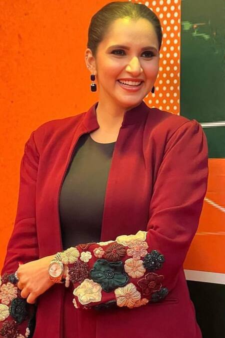 Buy Label Shristi Chetani Wine Taffeta, Denim, Georgette Embroidery Floral Embellished Blazer And Pant Set Buy_Label Shristi Chetani_Wine Taffeta, Denim, Georgette Embroidery Floral Embellished Blazer And Pant Set