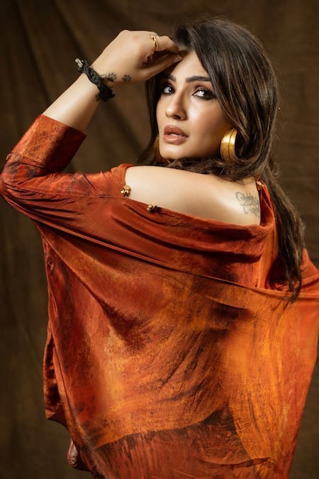 Shop_Label Shristi Chetani_Orange Crepe Tassels, Embroidery Halter Abstract Pattern Top And Flared Pant Set 