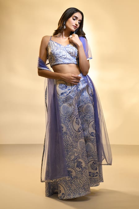 Buy_Aariyana Couture_Blue Hemp, Satin Sequins Plunge Neck Floral Art Print Palazzo And Blouse Set 