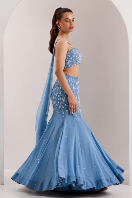 Silky Bindra_Blue Organza, Chiffon Nyla Vine Embellished Mermaid Lehenga With Blouse _Online_at_Aza_Fashions
