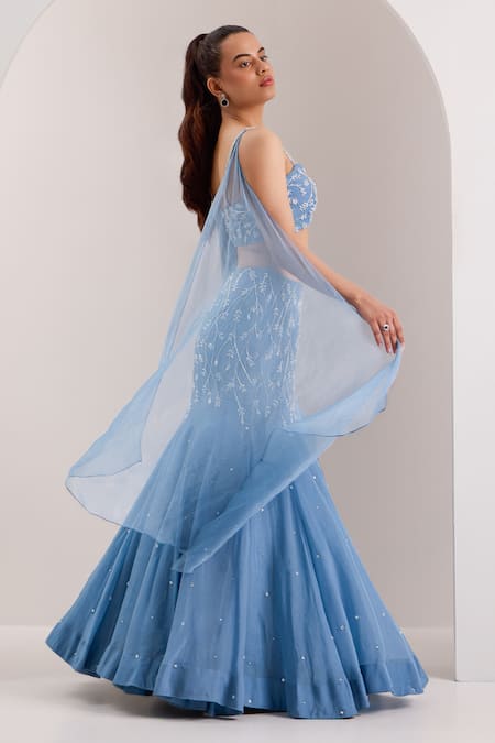 Shop_Silky Bindra_Blue Organza, Chiffon Nyla Vine Embellished Mermaid Lehenga With Blouse _Online_at_Aza_Fashions