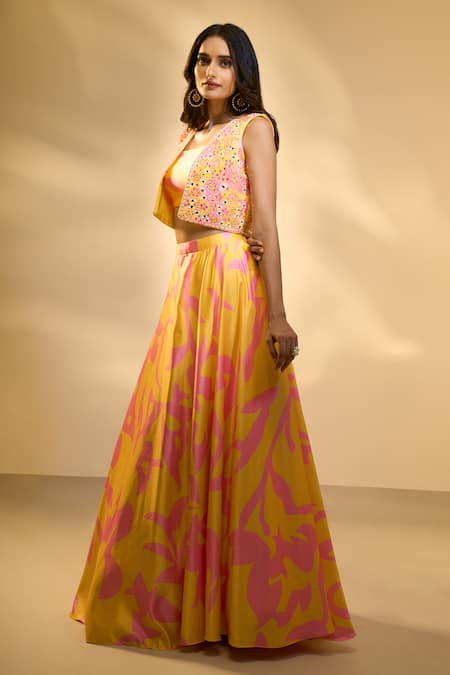 Ariyana By Aza Yellow Silk Mirrors, Embroidery, Sequins Square Printed Lehenga Set With Jacket Online at Aza Fashions Ariyana By Aza_Yellow Silk Mirrors, Embroidery, Sequins Square Printed Lehenga Set With Jacket _Online_at_Aza_Fashions