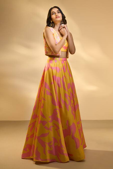 Shop Ariyana By Aza Yellow Silk Mirrors, Embroidery, Sequins Square Printed Lehenga Set With Jacket Online at Aza Fashions Shop_Ariyana By Aza_Yellow Silk Mirrors, Embroidery, Sequins Square Printed Lehenga Set With Jacket _Online_at_Aza_Fashions