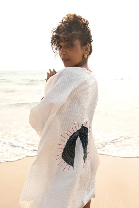 Shop Nirvanaa_White Cotton Embroidery, Patchwork Open Neck Ryan Overlay Shirt _Online_at_Aza_Fashions