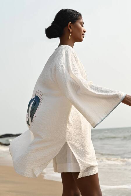 Shop_Shop Nirvanaa_White Cotton Embroidery, Patchwork Open Neck Ryan Overlay Shirt _Online_at_Aza_Fashions