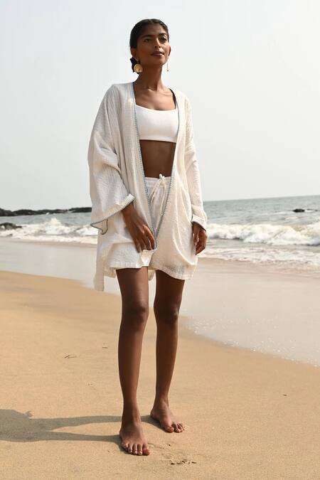 Shop Nirvanaa_White Cotton Embroidery, Patchwork Open Neck Ryan Overlay Shirt _at_Aza_Fashions