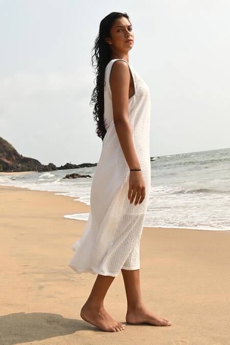 Shop Shop Nirvanaa White Cotton Embroidery Round Neck Eda Patchwork Midi Dress Online at Aza Fashions Shop_Shop Nirvanaa_White Cotton Embroidery Round Neck Eda Patchwork Midi Dress _Online_at_Aza_Fashions