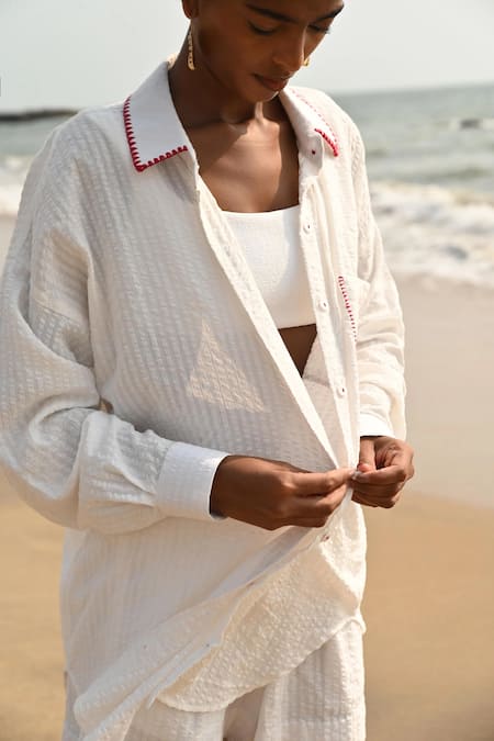 Shop Nirvanaa_White Cotton Embroidery, Patchwork Collared Coco Shirt _Online_at_Aza_Fashions