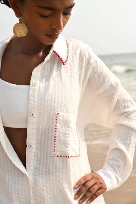Buy_Shop Nirvanaa_White Cotton Embroidery, Patchwork Collared Coco Shirt _Online_at_Aza_Fashions