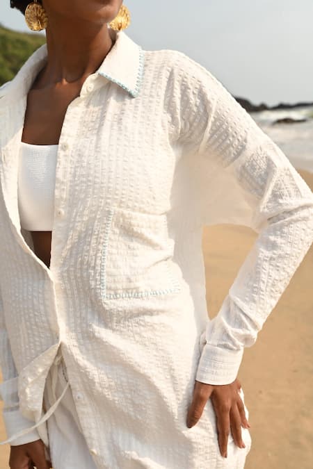 Shop_Shop Nirvanaa_White Cotton Embroidery, Patchwork Collared Coco Shirt _Online_at_Aza_Fashions