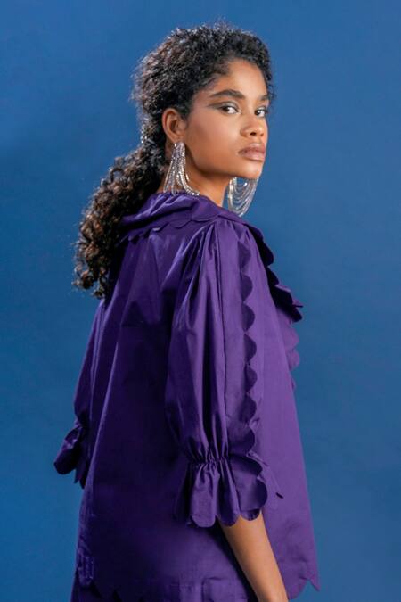 Pooja Shroff_Purple Cotton Round Neck Scallop Pattern Top With Pant_Online_at_Aza_Fashions