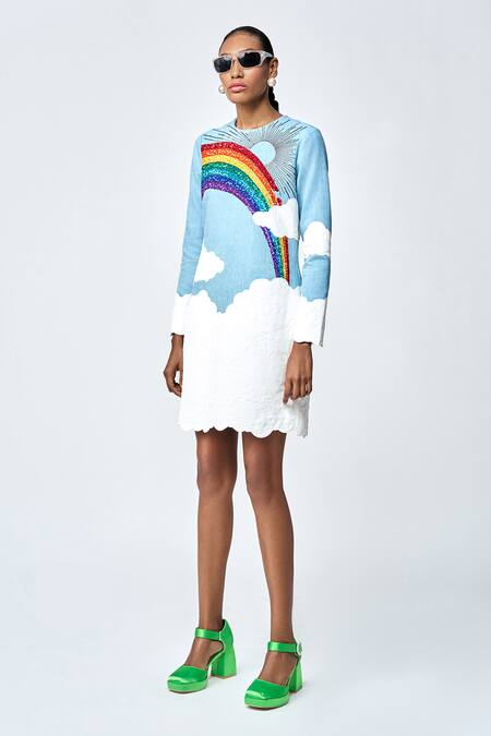 Buy_Shahin Mannan_Blue Denim Embroidery Round Neck After The Rain Mini Dress _Online_at_Aza_Fashions