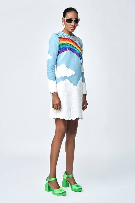 Shop_Shahin Mannan_Blue Denim Embroidery Round Neck After The Rain Mini Dress _Online_at_Aza_Fashions