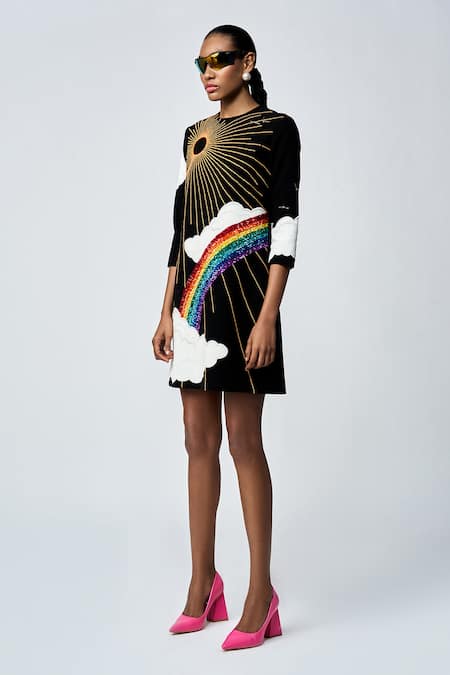 Shahin Mannan_Black Crepe Sequins, Applique Round Neck Sun Clouds Embroidered Mini Dress _Online_at_Aza_Fashions