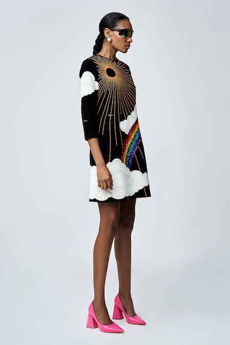 Buy_Shahin Mannan_Black Crepe Sequins, Applique Round Neck Sun Clouds Embroidered Mini Dress _Online_at_Aza_Fashions