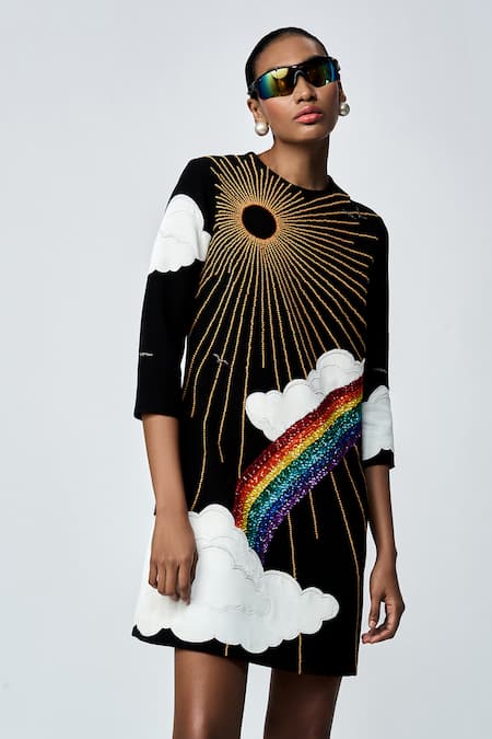 Shop_Shahin Mannan_Black Crepe Sequins, Applique Round Neck Sun Clouds Embroidered Mini Dress _Online_at_Aza_Fashions