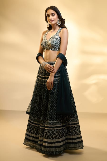 Shop Aariyana Couture Green Silk, Muslin, Net Embroidery V-neck Printed And Pleated Lehenga Set at Aza Fashions Shop_Aariyana Couture_Green Silk, Muslin, Net Embroidery V-neck Printed And Pleated Lehenga Set _at_Aza_Fashions