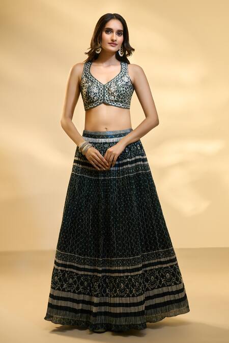 Aariyana Couture Green Silk, Muslin, Net Embroidery V-neck Printed And Pleated Lehenga Set Online at Aza Fashions Aariyana Couture_Green Silk, Muslin, Net Embroidery V-neck Printed And Pleated Lehenga Set _Online_at_Aza_Fashions