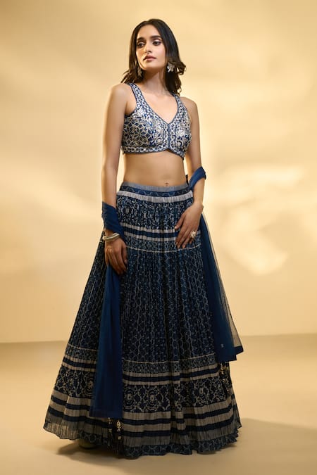 Shop_Aariyana Couture_Blue Silk, Net, Muslin Embroidery V-neck Pleated And Printed Pattern Lehenga Set _at_Aza_Fashions