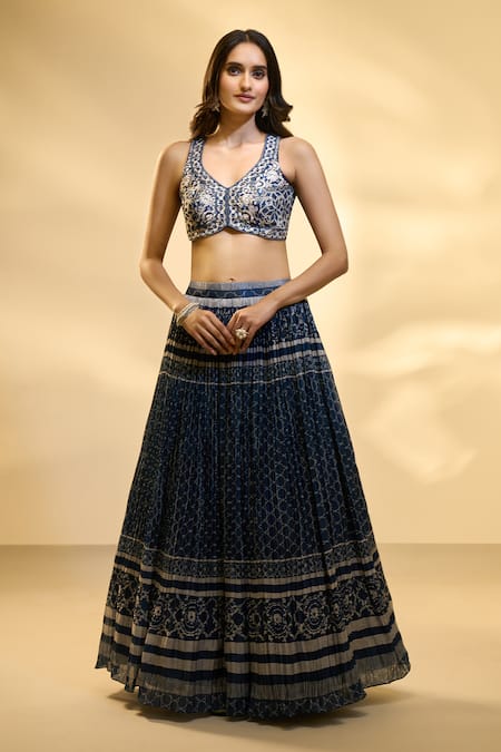 Aariyana Couture_Blue Silk, Net, Muslin Embroidery V-neck Pleated And Printed Pattern Lehenga Set _Online_at_Aza_Fashions