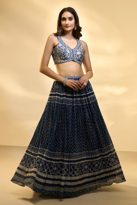 Buy_Aariyana Couture_Blue Silk, Net, Muslin Embroidery V-neck Pleated And Printed Pattern Lehenga Set _Online_at_Aza_Fashions