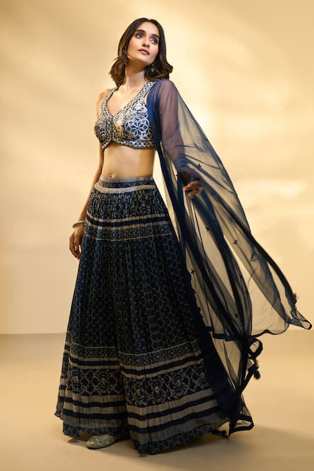 Aariyana Couture_Blue Silk, Net, Muslin Embroidery V-neck Pleated And Printed Pattern Lehenga Set _at_Aza_Fashions