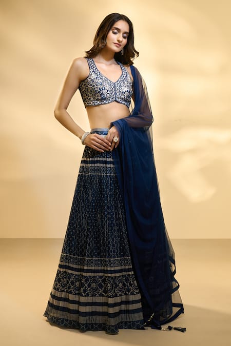 Buy_Aariyana Couture_Blue Silk, Net, Muslin Embroidery V-neck Pleated And Printed Pattern Lehenga Set 