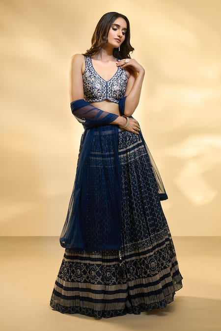 Shop_Aariyana Couture_Blue Silk, Net, Muslin Embroidery V-neck Pleated And Printed Pattern Lehenga Set 