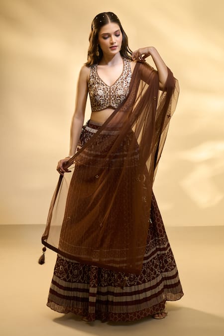 Shop_Aariyana Couture_Brown Silk, Muslin, Net Embroidery V-neck Pleated And Jaal Print Lehenga Set _at_Aza_Fashions