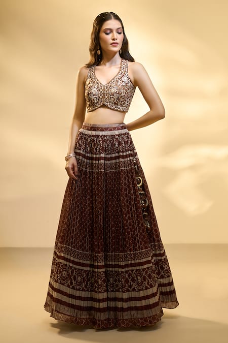 Aariyana Couture_Brown Silk, Muslin, Net Embroidery V-neck Pleated And Jaal Print Lehenga Set _Online_at_Aza_Fashions