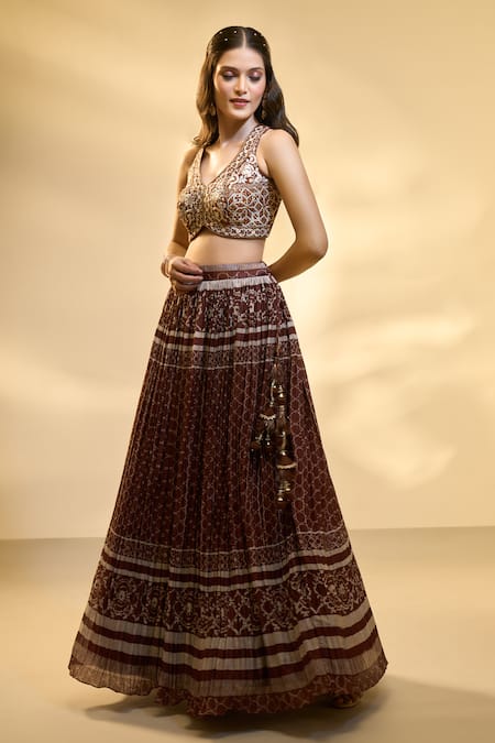 Buy_Aariyana Couture_Brown Silk, Muslin, Net Embroidery V-neck Pleated And Jaal Print Lehenga Set _Online_at_Aza_Fashions