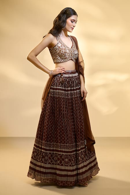 Aariyana Couture_Brown Silk, Muslin, Net Embroidery V-neck Pleated And Jaal Print Lehenga Set _at_Aza_Fashions