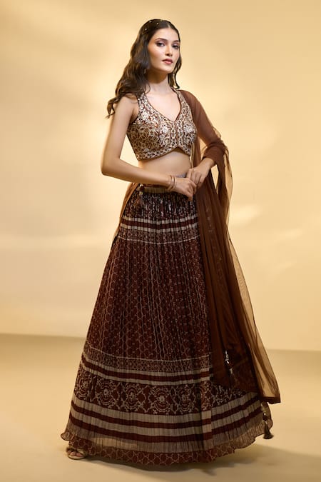 Buy_Aariyana Couture_Brown Silk, Muslin, Net Embroidery V-neck Pleated And Jaal Print Lehenga Set 
