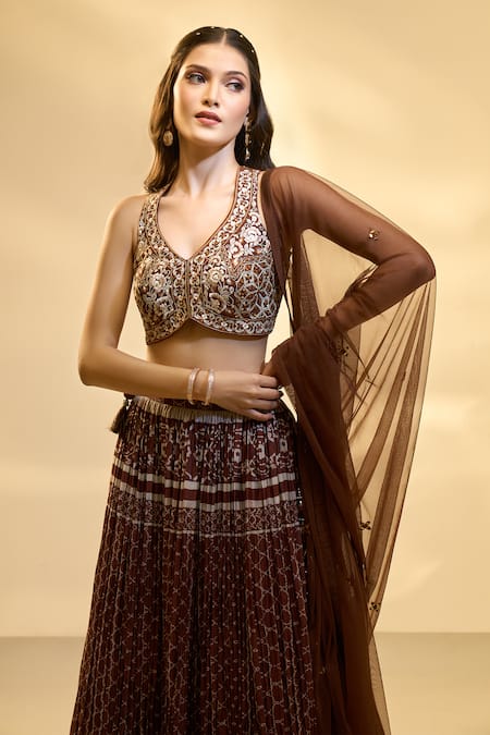 Shop_Aariyana Couture_Brown Silk, Muslin, Net Embroidery V-neck Pleated And Jaal Print Lehenga Set 