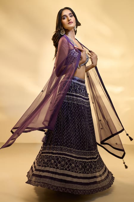 Shop Aariyana Couture Purple Silk, Net, Muslin Embroidery V-neck Jaal Print Pleated Lehenga Set at Aza Fashions Shop_Aariyana Couture_Purple Silk, Net, Muslin Embroidery V-neck Jaal Print Pleated Lehenga Set _at_Aza_Fashions