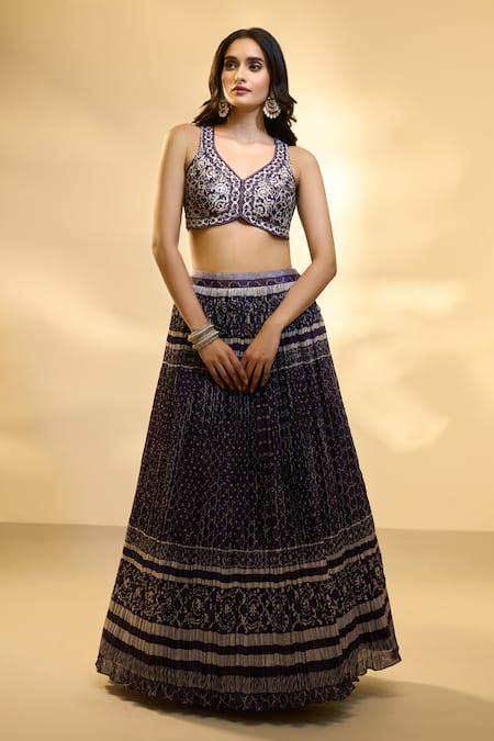 Aariyana Couture Purple Silk, Net, Muslin Embroidery V-neck Jaal Print Pleated Lehenga Set Online at Aza Fashions Aariyana Couture_Purple Silk, Net, Muslin Embroidery V-neck Jaal Print Pleated Lehenga Set _Online_at_Aza_Fashions