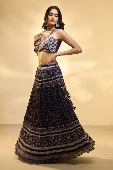 Shop Aariyana Couture Purple Silk, Net, Muslin Embroidery V-neck Jaal Print Pleated Lehenga Set Online at Aza Fashions Shop_Aariyana Couture_Purple Silk, Net, Muslin Embroidery V-neck Jaal Print Pleated Lehenga Set _Online_at_Aza_Fashions