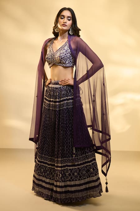Buy Aariyana Couture Purple Silk, Net, Muslin Embroidery V-neck Jaal Print Pleated Lehenga Set Buy_Aariyana Couture_Purple Silk, Net, Muslin Embroidery V-neck Jaal Print Pleated Lehenga Set