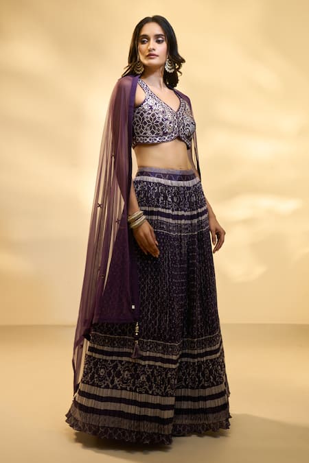 Shop Aariyana Couture Purple Silk, Net, Muslin Embroidery V-neck Jaal Print Pleated Lehenga Set Shop_Aariyana Couture_Purple Silk, Net, Muslin Embroidery V-neck Jaal Print Pleated Lehenga Set