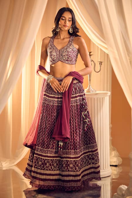 Shop_Aariyana Couture_Wine Silk, Muslin, Net Embroidery V-neck Jaal Print Lehenga Set _at_Aza_Fashions