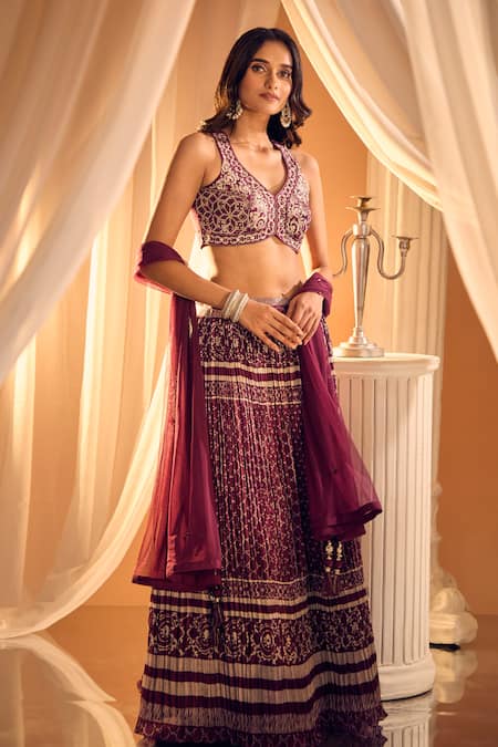 Buy_Aariyana Couture_Wine Silk, Muslin, Net Embroidery V-neck Jaal Print Lehenga Set 