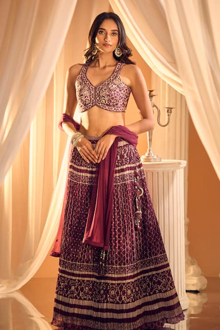 Shop_Aariyana Couture_Wine Silk, Muslin, Net Embroidery V-neck Jaal Print Lehenga Set 